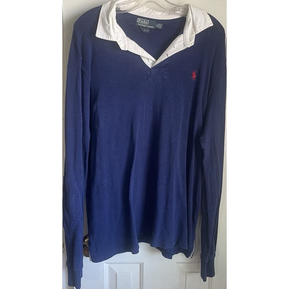 Polo Ralph Lauren Custom Fit XL Blue/White Long Sleeve Cotton Rugby Polo